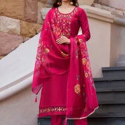 Varanga Floral Yoke Design Thread Work Straight Kurta With Trouser And Dupatta-image-48