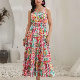 Rain & Rainbow Printed Fit & Flared Midi Ethnic Dress-image-79