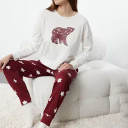 Trendyol Women Pure Cotton Geometric Printed Night suit-image-62