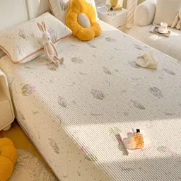 JC HOME Cream-Color & Violet Printed Double Bed Cover With Pillow Covers image 4