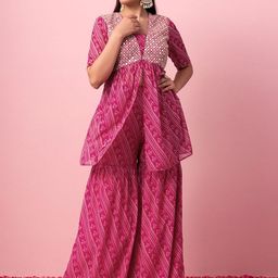 Happy Design Ethnic Motifs Printed V-Neck Mirror Work Georgette A-Line Kurta With Palazzos-10