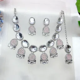VATSALYA creation Alloy Gold- plated Pink White Jewellery Set-image-30