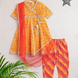 The Magic Wand Girls Bandhani Printed Angrakha Gotta Patti Pure Cotton Kurta with Pyjamas & With Dupatta-image-23