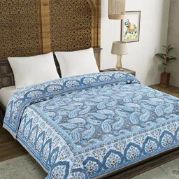 BLOCKS OF INDIA Grey & Blue Paisley Mild Winter Pure Cotton 350 GSM Double Bed Quilt-image-11