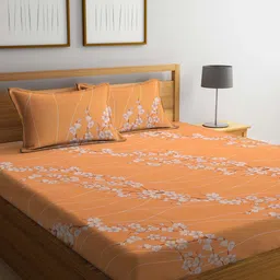 KLOTTHE Orange & White Floral-Printed 130GSM Pure-Cotton Double KIng Bedsheet Set-picture-15