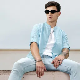 Roadster Men Blue Solid Mandarin Collar Pure Cotton Sustainable Casual Shirt-image-99