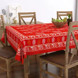 BLOCKS OF INDIA Red Elephant Printed Pure Cotton 6-Seater Table Cloth-14