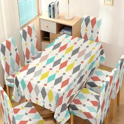 HOKIPO White & Blue 7 Pieces Printed Chair Covers & Table Cloth-16