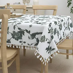 HOME AFFAIRS White Floral Anti-Slip Cotton 4-Seater Table Cover-48