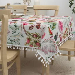 HOME AFFAIRS White Floral Anti-Slip Cotton 4-Seater Table Cover-22