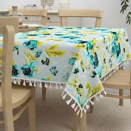 HOME AFFAIRS Turquoise Blue Floral Anti-Slip Cotton 4-Seater Table Cover-22