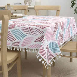 HOME AFFAIRS Maroon Striped Anti-Slip Cotton 4-Seater Table Cover-38
