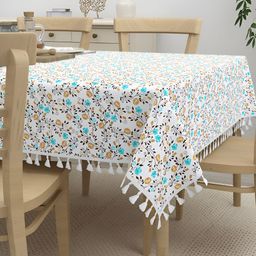 HOME AFFAIRS White Floral Anti-Slip Cotton 4-Seater Table Cover-25