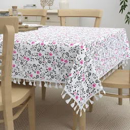 HOME AFFAIRS White Floral Anti-Slip Cotton 6-Seater Table Cover-36