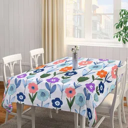 Arrabi White & Blue Floral Printed 8-Seater Table Cover-55