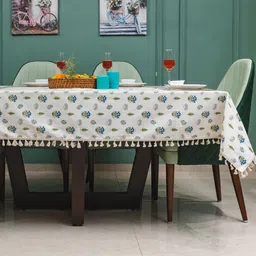 URBAN SPACE White & Blue Printed Pure Cotton 4-Seater Square Table Cover-57