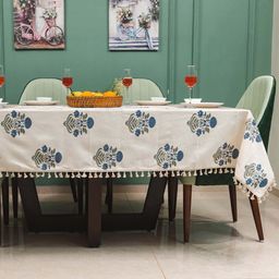 URBAN SPACE Blue & White Floral Printed Pure Cotton 6-Seater Table Cover-10