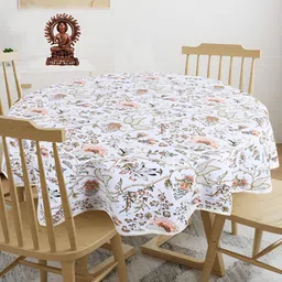 Texstylers White & Orange 4-Seater Floral Anti-Slip Cotton Round  Table Cover-picture-14