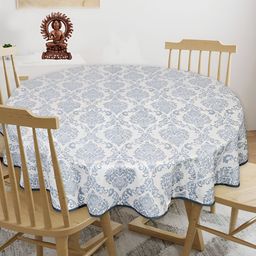 Texstylers White & Blue Anti Slip Cotton Round 4 Seater Table Cover-picture-45