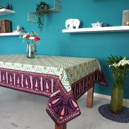 TARA- Sparkling Homes White & Green Ikat Printed Pure Cotton 4 Seater Table Cover-image-53