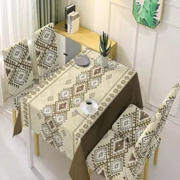 HOKIPO 4-Pcs Brown & White Printed Suitable Chair Covers With Table Cloth-5