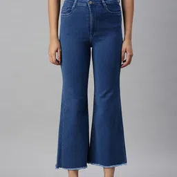 SHOWOFF Women Navy Blue Solid Wide Leg High-Rise Clean Look Stretchable Jeans-image-44