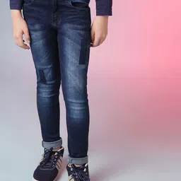 Instafab Boys Blue Smart Slim Fit Clean Look Whiskers & Chevrons Cotton Jeans-52