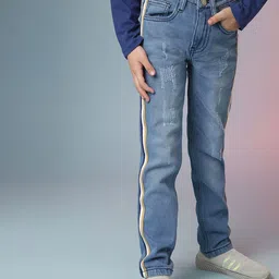 Instafab Boys Blue Smart Slim Fit Striped Mildly Distressed Cotton Jeans-36