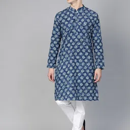See Designs Men Ethnic Motifs Printed Indigo Cotton Kurta-picture-43