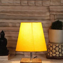 Devansh Yellow Textured Frustum Wooden Table Lamp-5