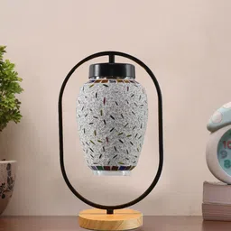 Devansh Black & White Textured Glass Wooden & Iron Table Lamp-25