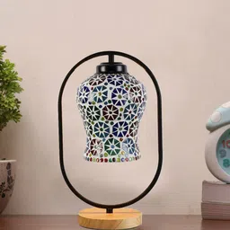 Devansh Black & White Textured Glass Wooden & Iron Table Lamp-26
