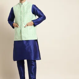 SOJANYA Men Blue & Sea Green Kurta with Pyjamas & Embroidered Nehru Jacket-picture-5