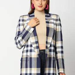 Remanika Women Blue Checked Cotton Open Front Jacket-12