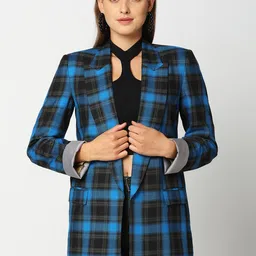 Remanika Women Blue Checked Cotton Open Front Jacket-8