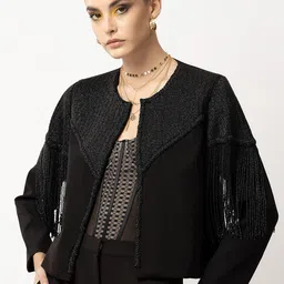 Diwaah Self Design Collarless Crop Open Front Jacket With Embroidered-18
