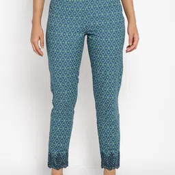 W Women Teal Printed Slim Fit Trousers-image-25