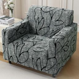 HOKIPO Grey & Black 1 Seater Abstract Printed Stretchable Sofa Cover With Arms-40