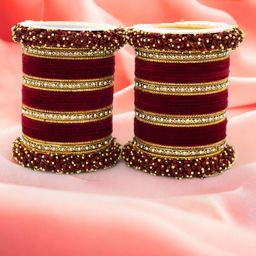 leshya Set Of 64 Brass Plated Stones Studded & Beaded Velvet Bridal Bangles-image-28