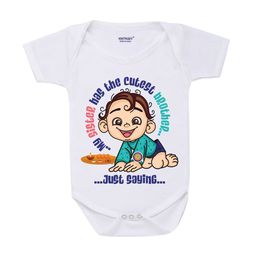 KNITROOT Infants Kids White & Blue Cutest Brother Printed Cotton Bodysuit-image-89