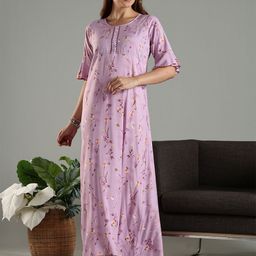9shines Label rayon designer nighty Women Floral Printed Round Neck Maxi Nightdress-image-34