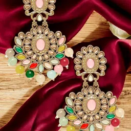 OOMPH Kundan Studded & Pearls Beaded Floral Shaped Drop Earrings-image-68