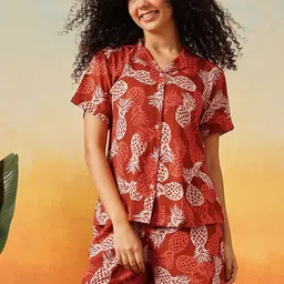 Clovia Women Conversational Pineapple Printed Lapel Collar Shirt & Shorts Night suit-picture-5