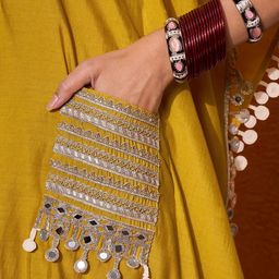 Sangria V-Neck Short Sleeves Regular Mirror Work A-Line Kaftan With Trouser image 3