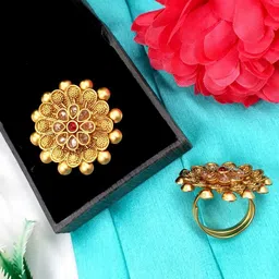 JYONA Gold Plated Stone Studded & Beaded Adjustable Finger Ring-image-80