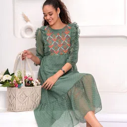 JC4U Women Round Neck Embroidered Ruffle Detail Fit & Flare Dress-image-86