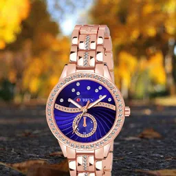 Curren Men Brass Embellished Dial & Stainless Steel Bracelet Style Straps Analogue Watch CR-1342-Rose Blue-image-0