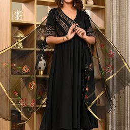 Indi INSIDE Women Hand Block Printed Angrakha Pure Cotton Kurta Trousers & Dupatta-image-64
