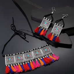 PUJVI Stone Studded Oxidised Tassel Jewellery Set-picture-8