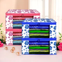 Aura Pink & Blue 4 Pieces Flower Printed Foldable Non-Woven Multi-Utility Organisers-48